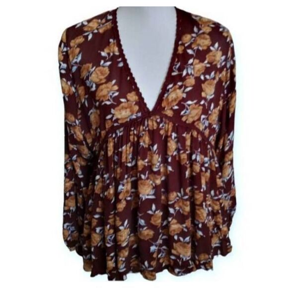 UMGEE BROWN & BLUE FLORAL BOHO-INSPIRED BLOUSE SZ.M EUC. - Picture 2 of 9